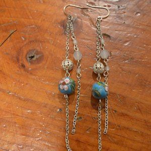 Silver and Flower Painted Bead Earrings